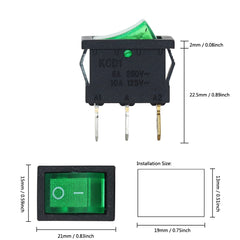 5 件 KCD1 摇臂开关 6A250VAC/10A125VAC 3 针 2 位开-关 I/O 按钮电源开关红/绿带灯 15x21mm