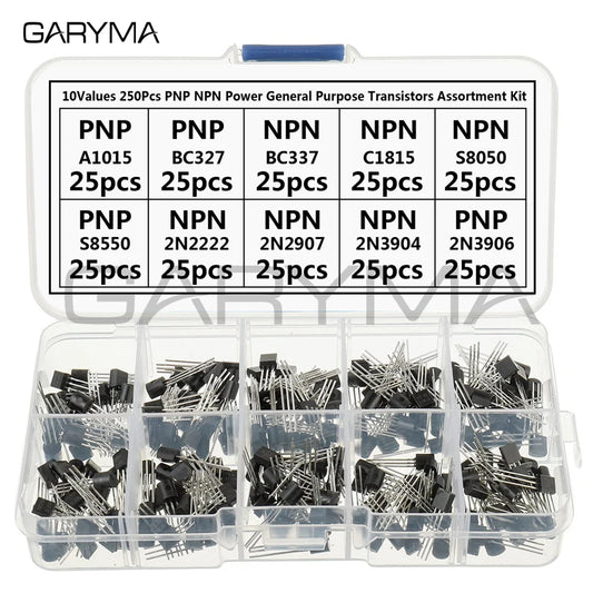 10 Values 250 Pcs A1015 BC327 BC337 C1815 S8050 S8550 2N2222 2N2907 2N3904 2N3906 PNP NPN Power Transistors Assortment Kit