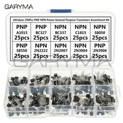10 Values 250 Pcs A1015 BC327 BC337 C1815 S8050 S8550 2N2222 2N2907 2N3904 2N3906 PNP NPN Power Transistors Assortment Kit