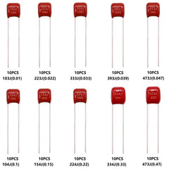 100 件 10Value 金属化聚酯薄膜电容器组合套件 103nF - 474nF 100V 和 63V 一盒