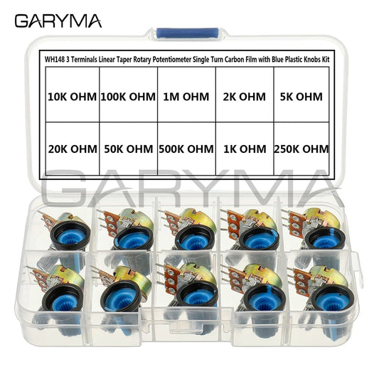 WH148 B1K 2K 5K 10K 20K 50K 100K 500K 1M 15mm Taper Rotary Potentiometer Single Turn Carbon Film with Blue Plastic Knobs Kit