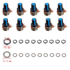 WH148 B1K 2K 5K 10K 20K 50K 100K 500K 1M 15mm Taper Rotary Potentiometer Single Turn Carbon Film with Blue Plastic Knobs Kit