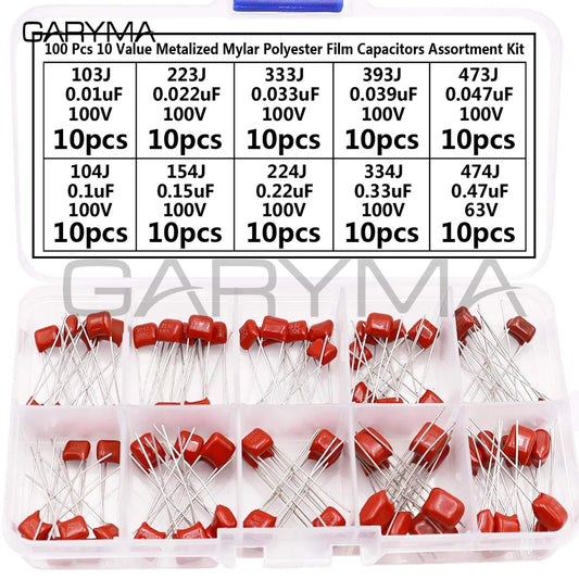 100 件 10Value 金属化聚酯薄膜电容器组合套件 103nF - 474nF 100V 和 63V 一盒