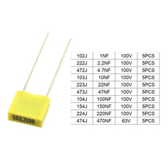 10Value 50 件装 100V 1nF - 470nF 校正电容器聚丙烯安全塑料薄膜电容器套件