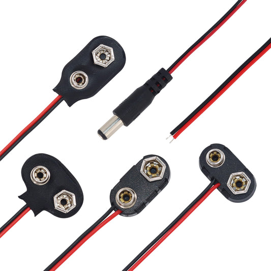 10 件装 15 厘米 I/T 型 9V 电池卡扣连接器夹,带引线支架,直流电池电源线插头夹,筒形插孔连接器