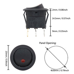 5 个装 20 毫米 12V 黑色摇臂开关 KCD1 3 针 2 位带迷你猫眼适用于汽车自动开关红蓝绿黄灯 20A