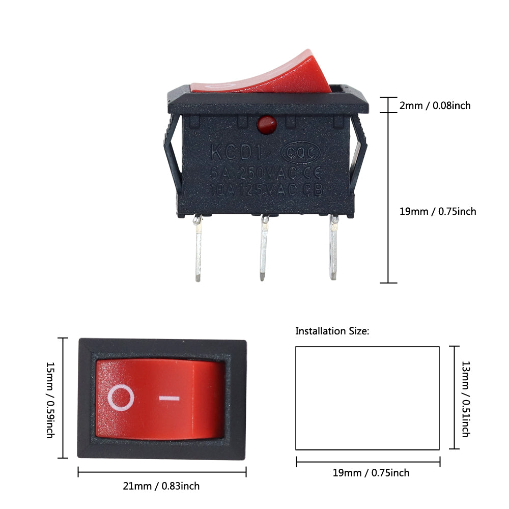 5Pcs Rocker Switch 6A250VAC/10A125VAC 3 Pin 2 Position ON-OFF I/O Red/Black KCD1 Push Button Mini Switch no Light 15x21mm