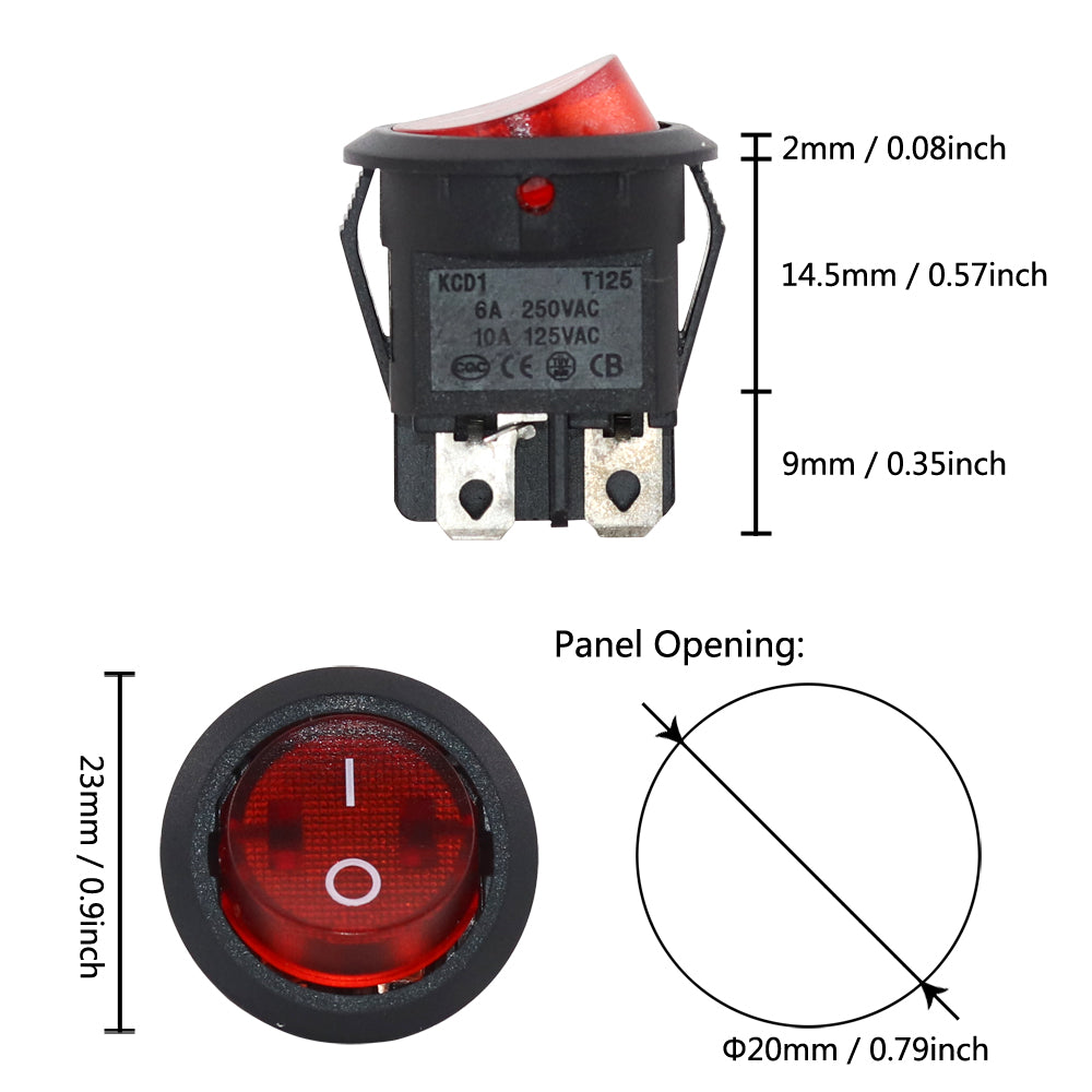 5Pcs 20mm Round Rocker Switch Square Base 4Pins AC 250V6A/125V10A ON/OFF 2Position 4Feet Power Switches Black/Red