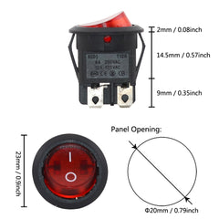 5Pcs 20mm Round Rocker Switch Square Base 4Pins AC 250V6A/125V10A ON/OFF 2Position 4Feet Power Switches Black/Red