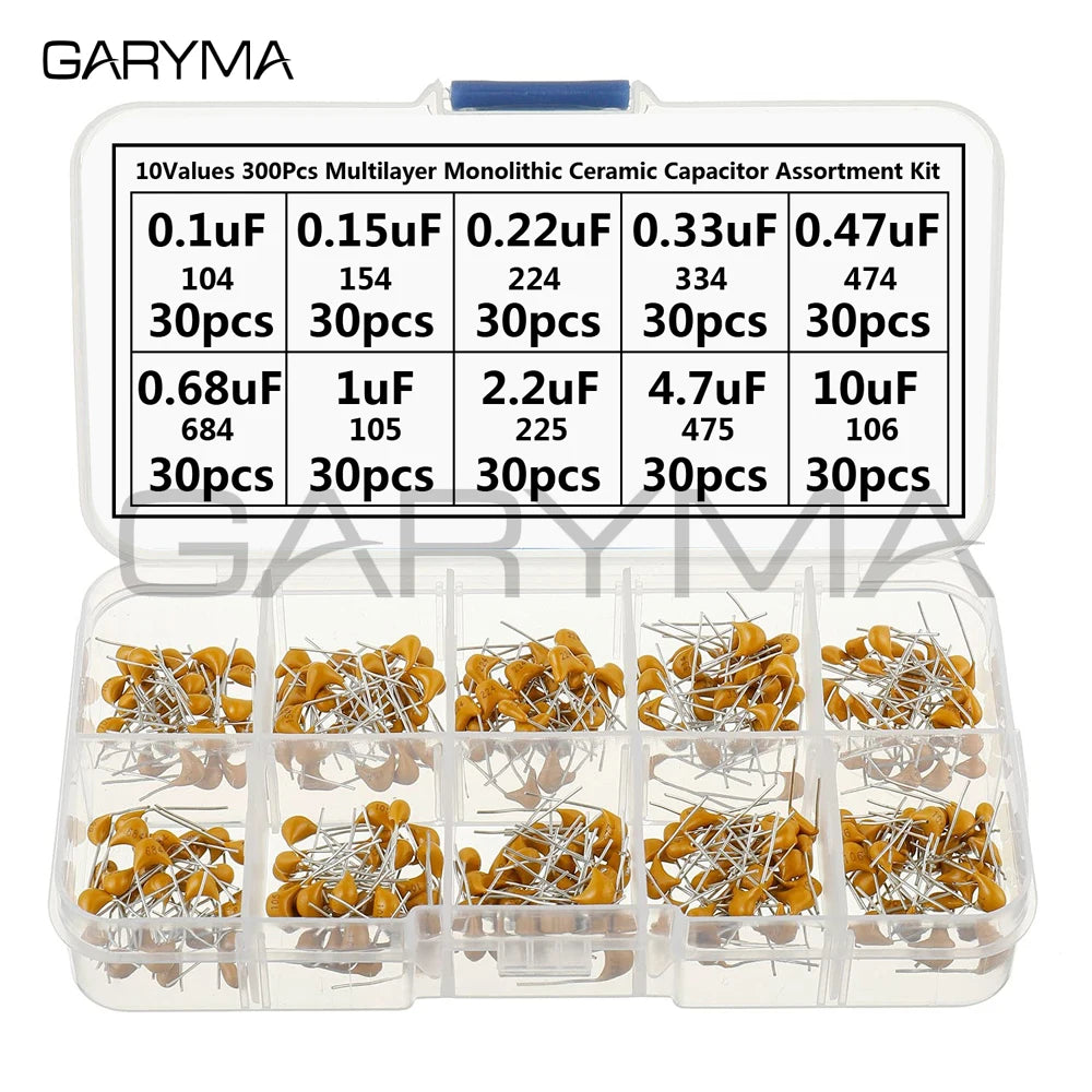 10Values 300Pcs 0.1 0.15 0.22 0.33 0.47 0.68 1 2.2 4.7 10 uF Multilayer Monolithic Ceramic Capacitor Assortment Kit