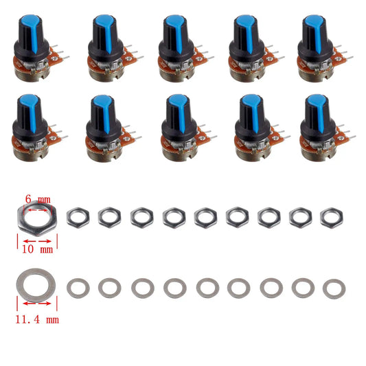 WH148 B1K 2K 5K 10K 20K 50K 100K 500K 1M 15mm конический поворотный потенциометр, однооборотная углеродная пленка с комплектом синих пластиковых ручек