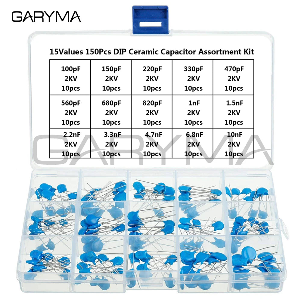 15Values 150Pcs 2KV 100pF-10nF High Voltage DIP Ceramic Capacitor Assortment Kit
