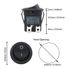 5Pcs 20mm Round Rocker Switch Square Base 4Pins AC 250V6A/125V10A ON/OFF 2Position 4Feet Power Switches Black/Red